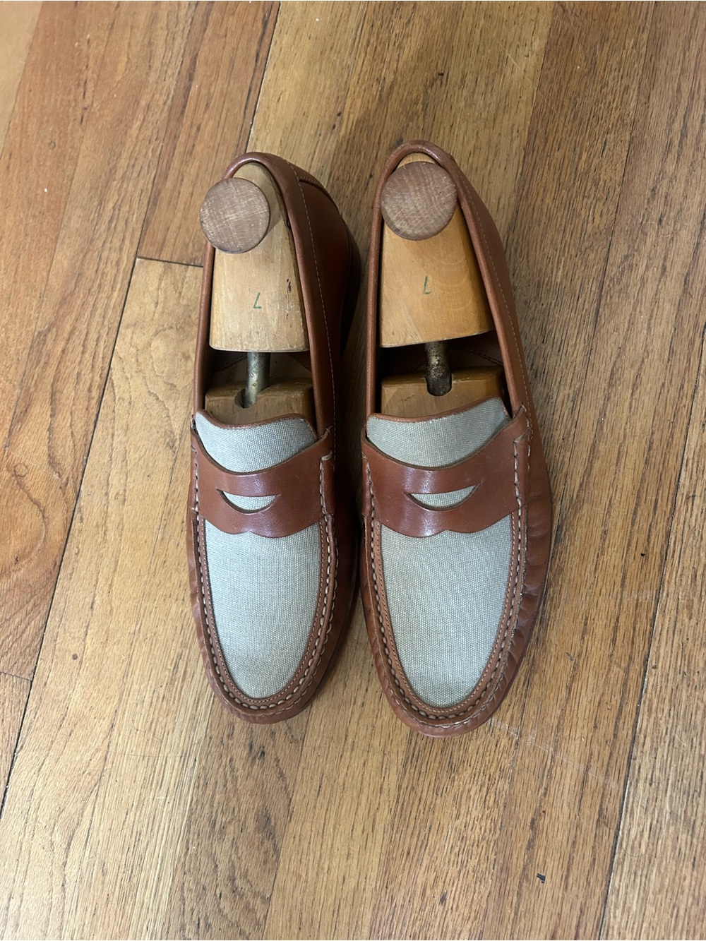 Johnston & Murphy Brown Leather and Beige Canvas Penny Loafers